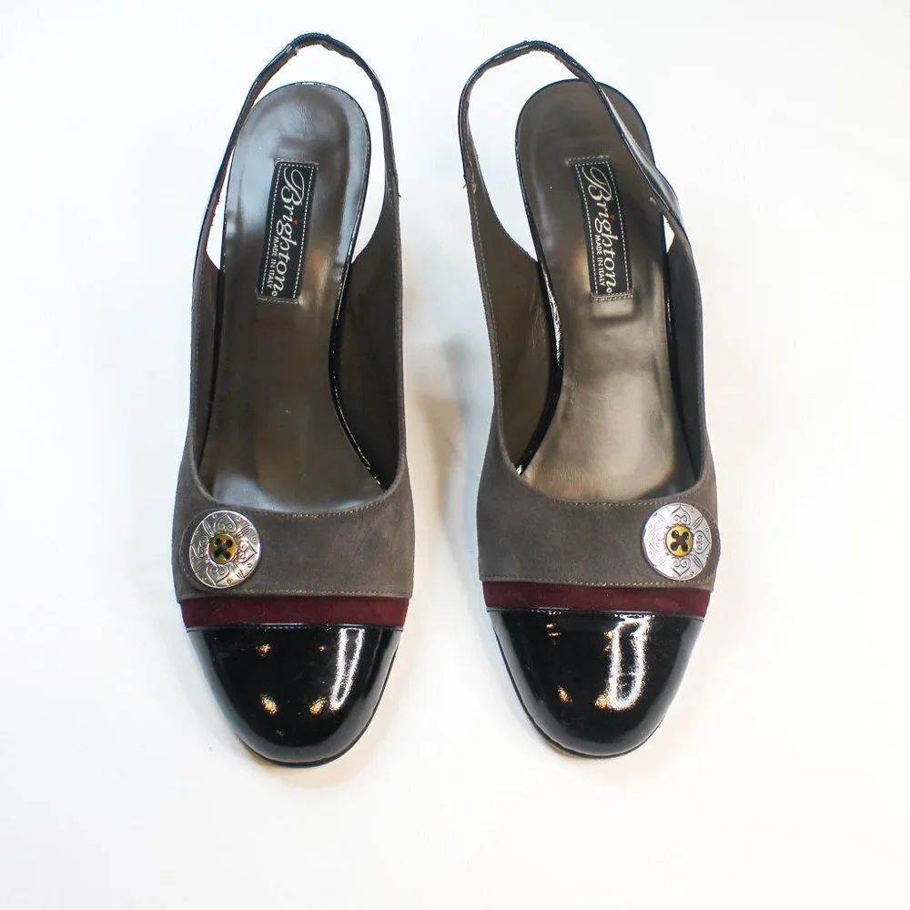 Brighton Bree Suede Patent Leather High Heels Sling Back Office‎ Shoes 8.5